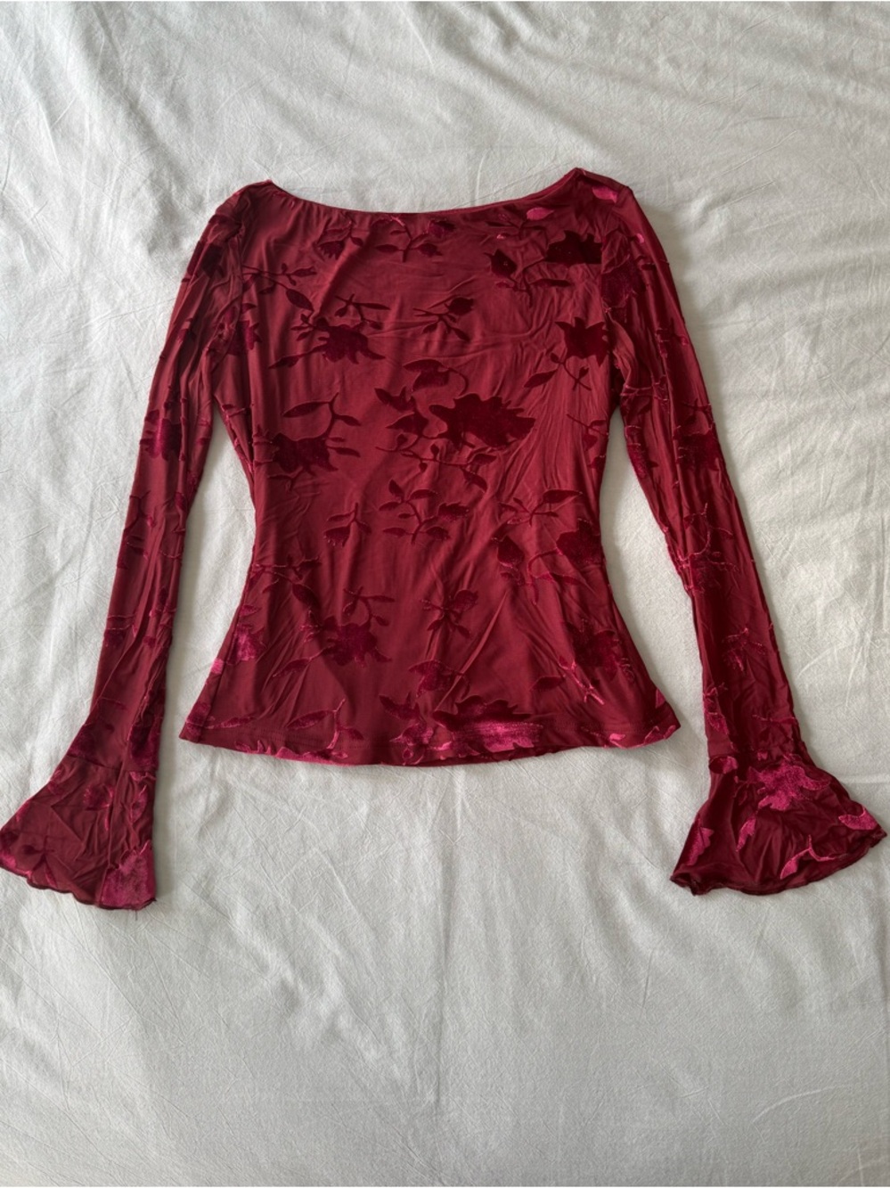 Women’s Velvet Burnout Long-Sleeve Top - Burgundy